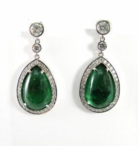 Emeralds halo diamonds teardrop dangle earrings model Elinor